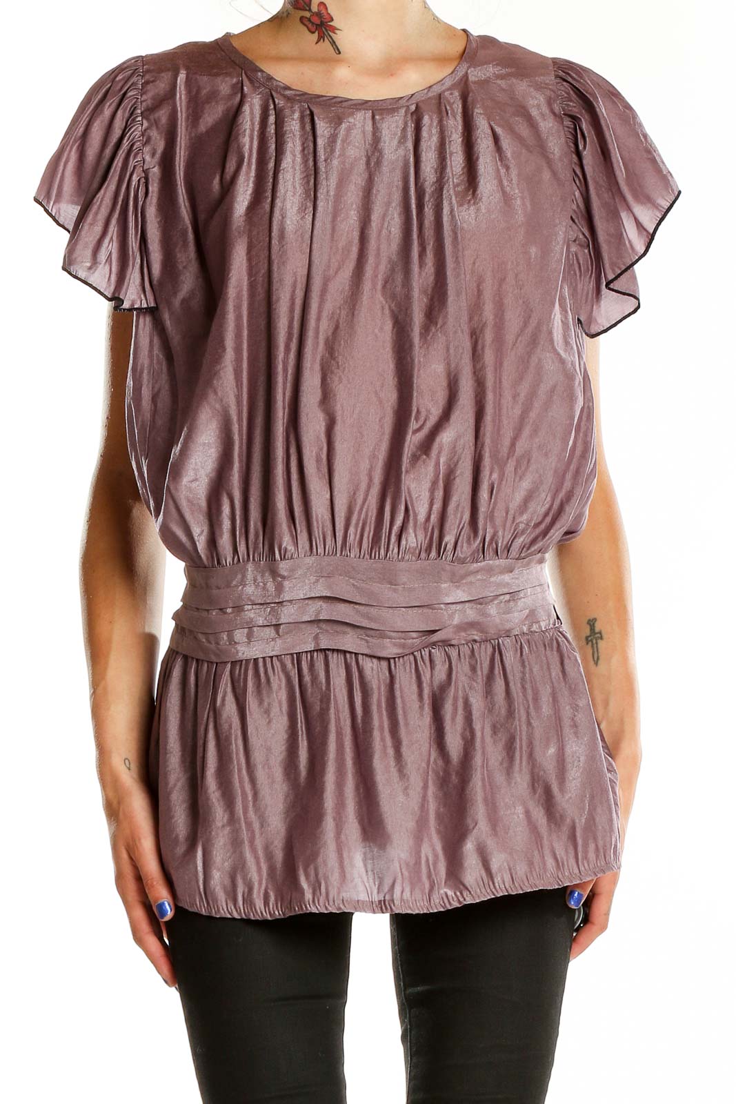 Front view of mauve Rebecca Taylor blouse with pleated neckline and flutter sleeves