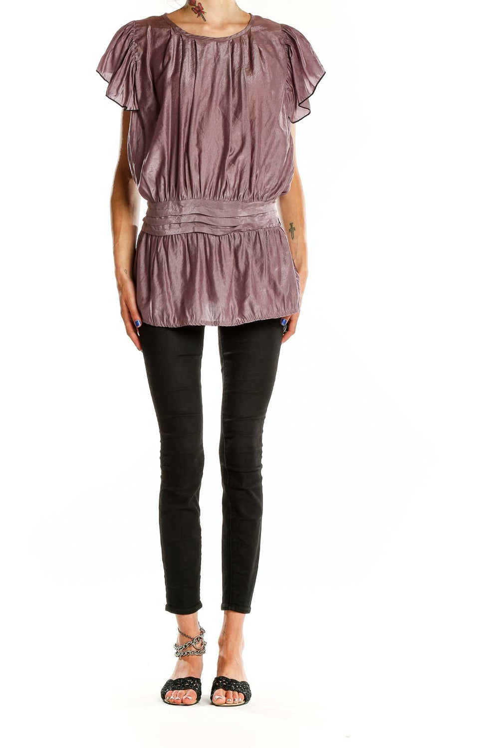 Front view of mauve Rebecca Taylor blouse with pleated neckline and flutter sleeves