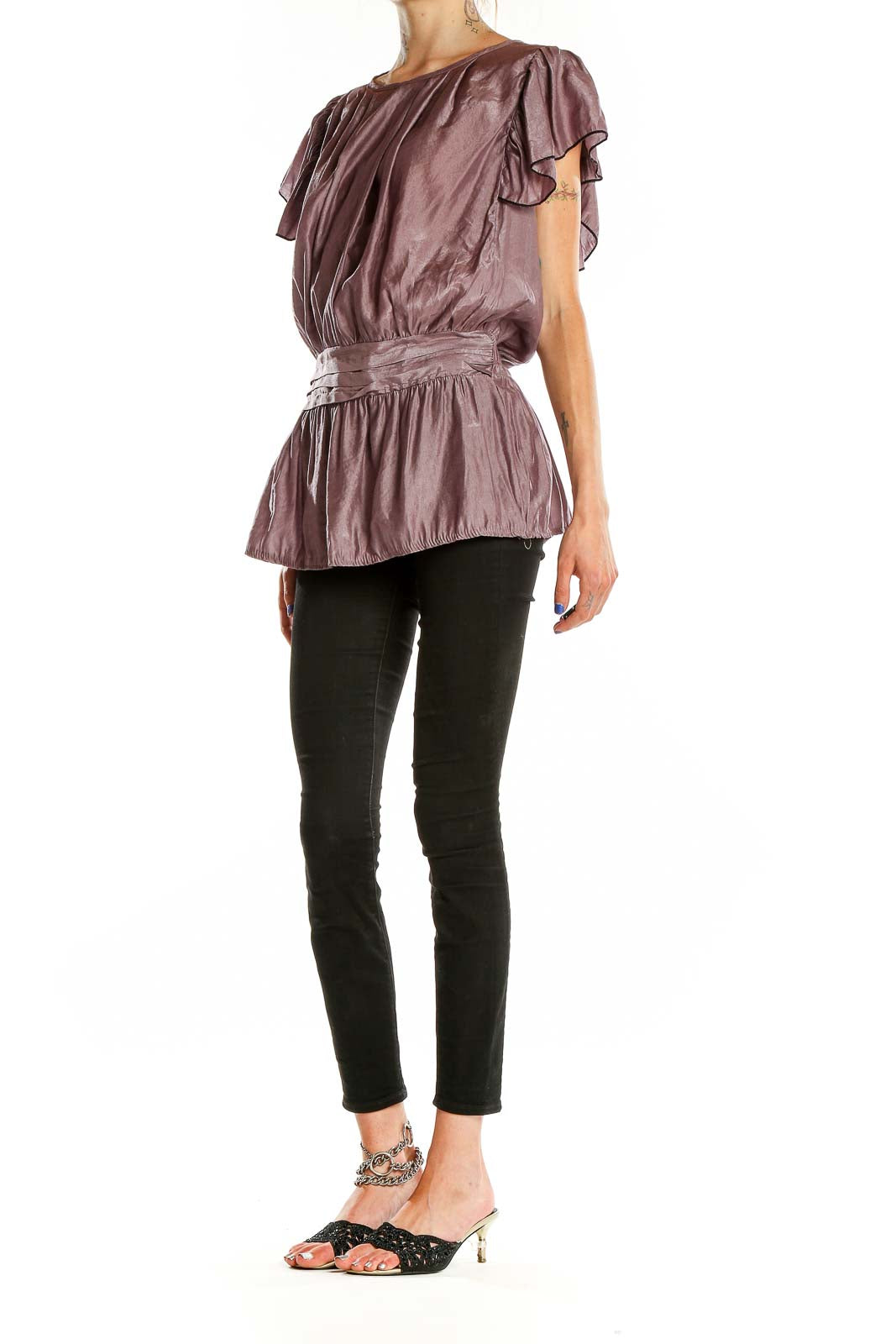 Front view of mauve Rebecca Taylor blouse with pleated neckline and flutter sleeves