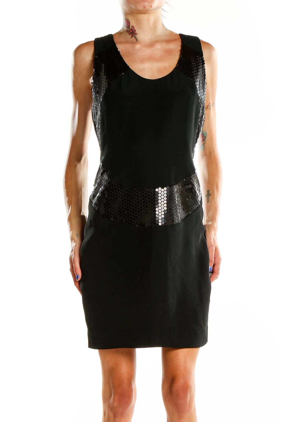 Front view of Nicole Miller black bodycon dress with sequin embellishments