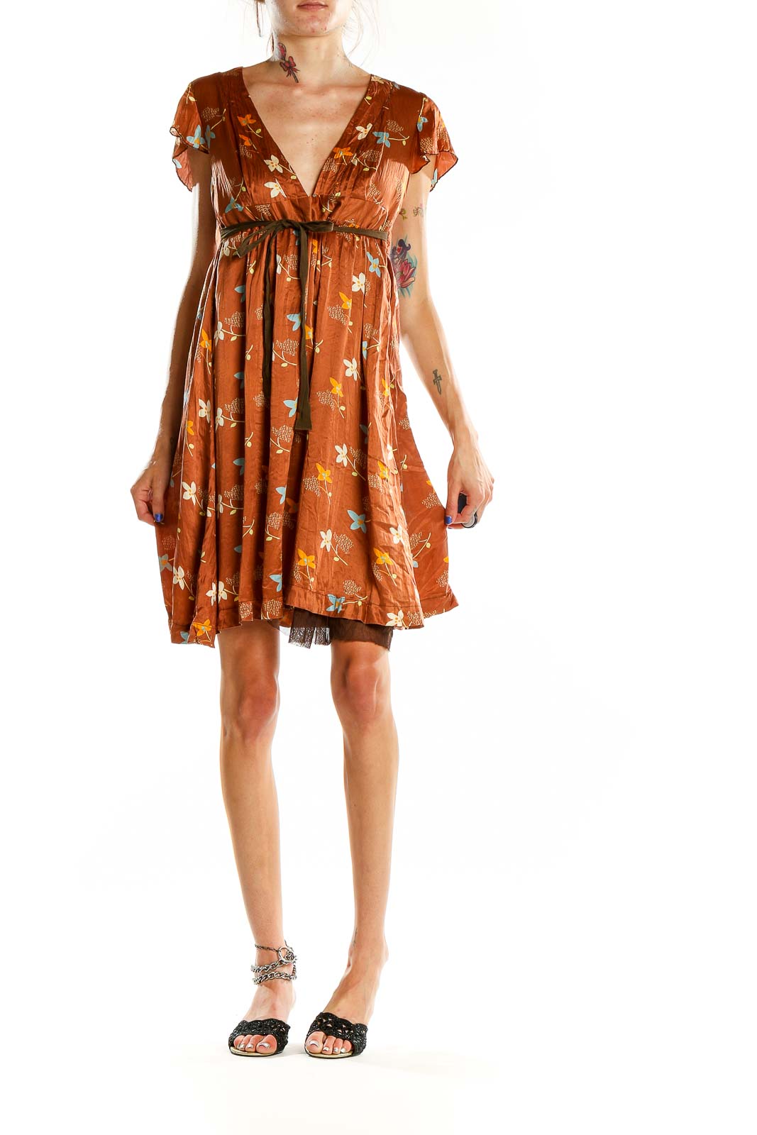 Front view of Free People rust floral empire waist mini dress with V-neckline