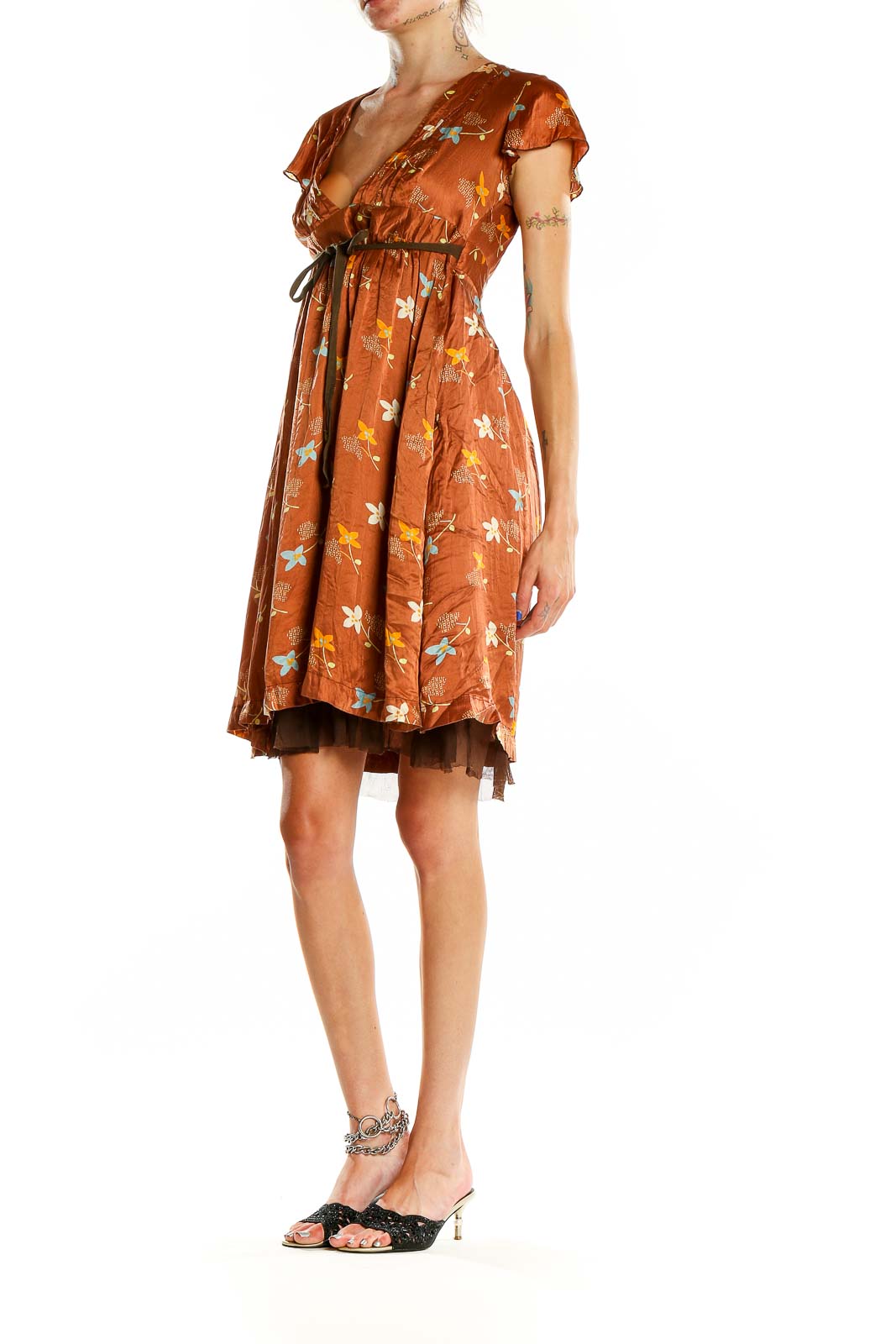 Front view of Free People rust floral empire waist mini dress with V-neckline