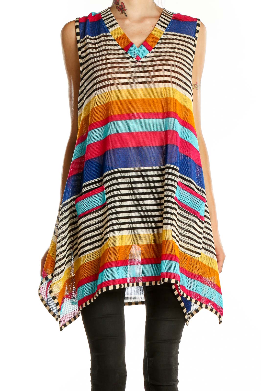 Front view of Ronnie Salloway multicolor striped sleeveless tunic top with V-neck