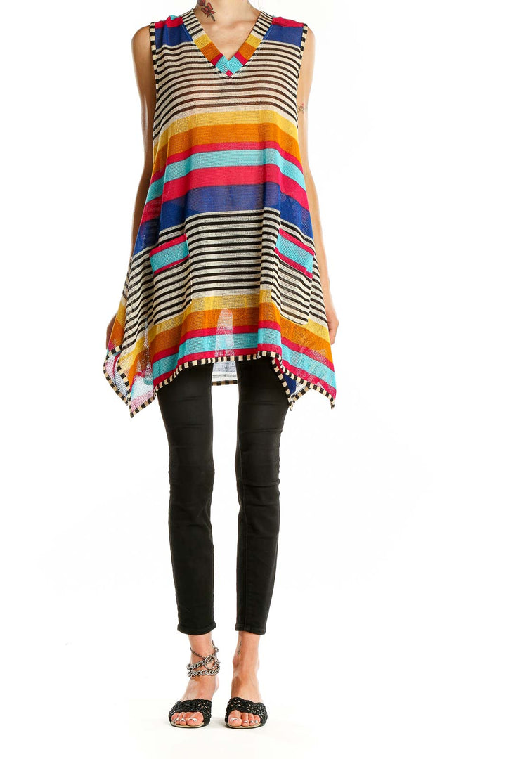 Front view of Ronnie Salloway multicolor striped sleeveless tunic top with V-neck