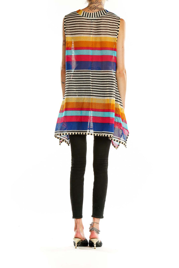 Back view of Ronnie Salloway multicolor striped sleeveless tunic top with asymmetrical hem