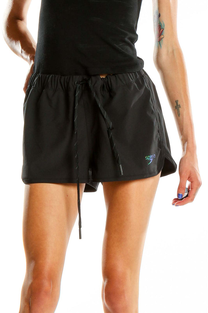 Front view of black Speedo athletic shorts with drawstring waist