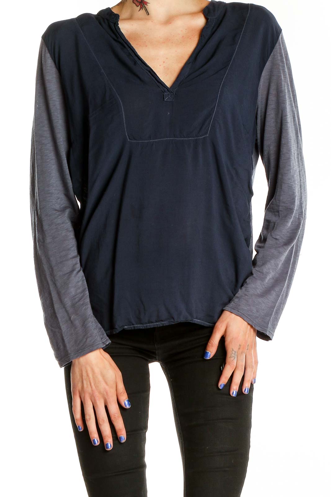 Front view of Splendid navy and gray color block long sleeve top