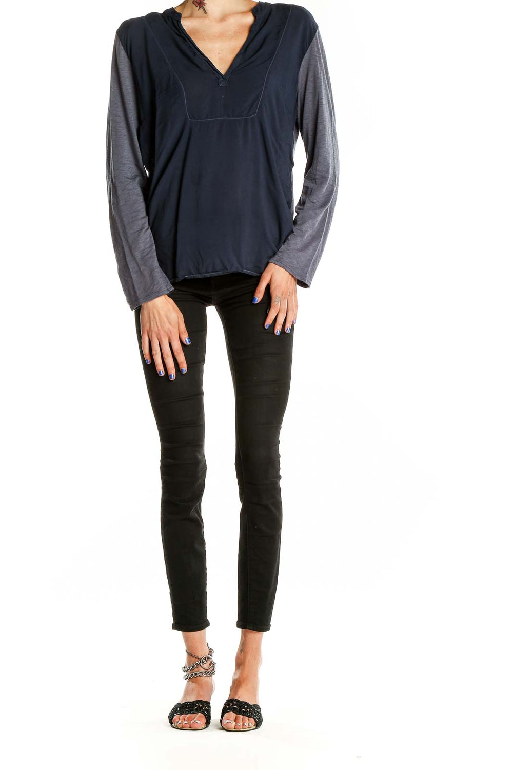 Front view of Splendid navy and gray color block long sleeve top