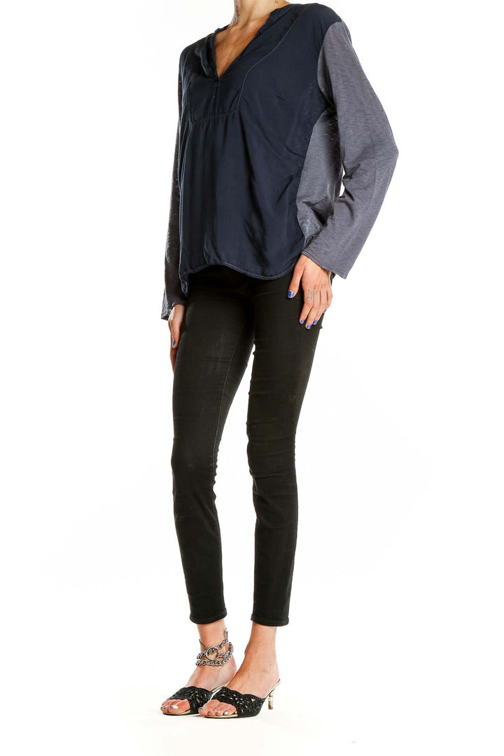 Front view of Splendid navy and gray color block long sleeve top