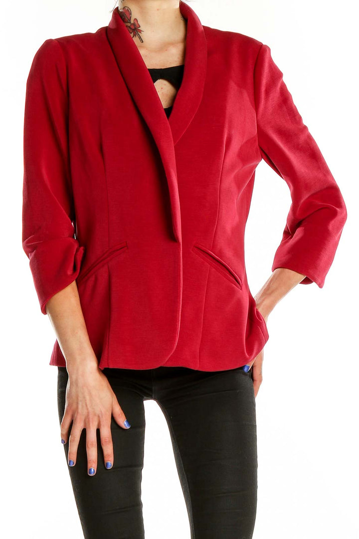 Front view of red shawl collar blazer by Skies Are Blue