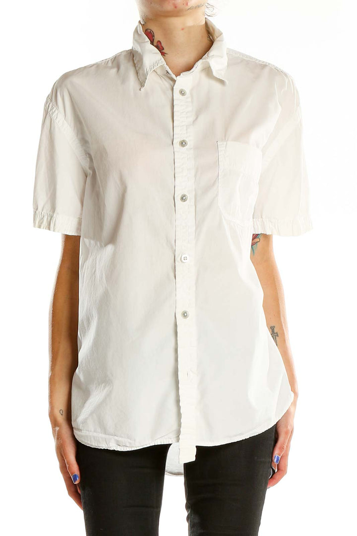 Front view of white Diesel button-up shirt with short sleeves