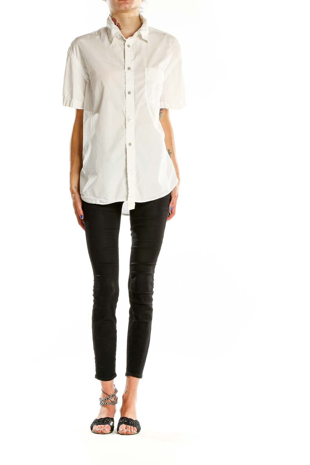 Front view of white Diesel button-up shirt with short sleeves