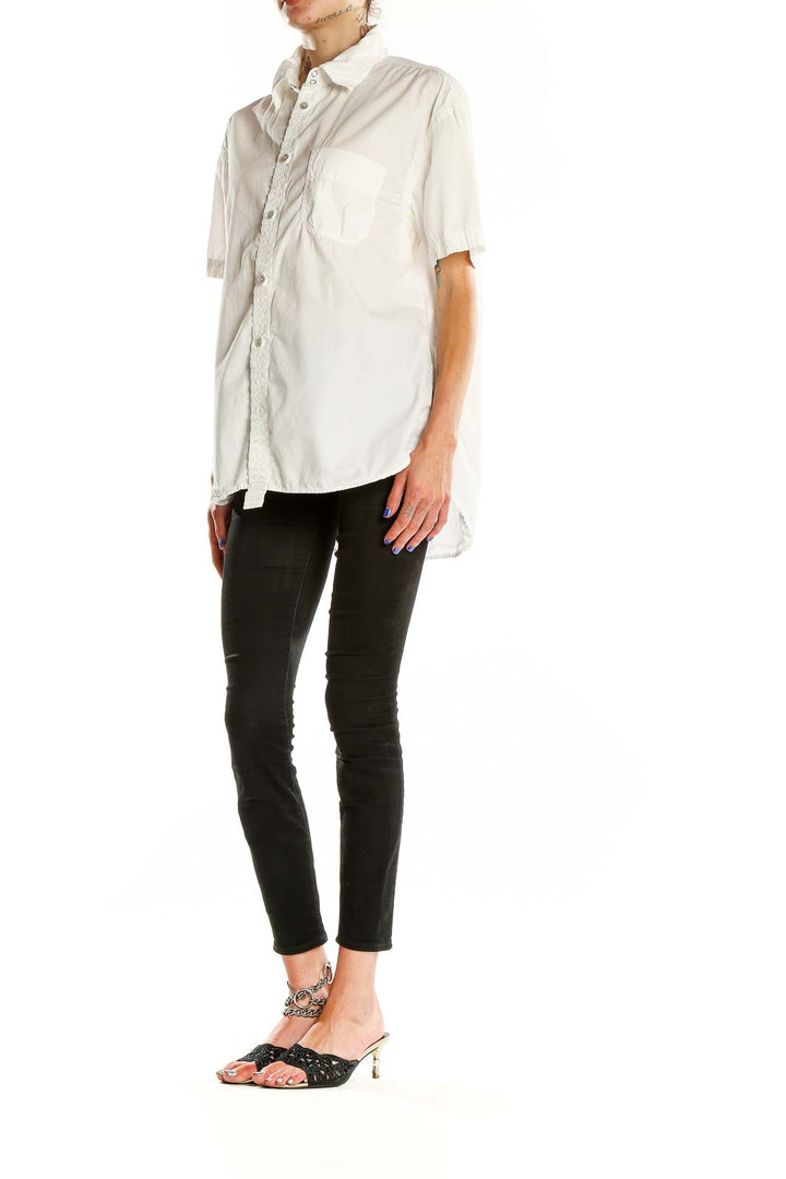 Front view of white Diesel button-up shirt with short sleeves