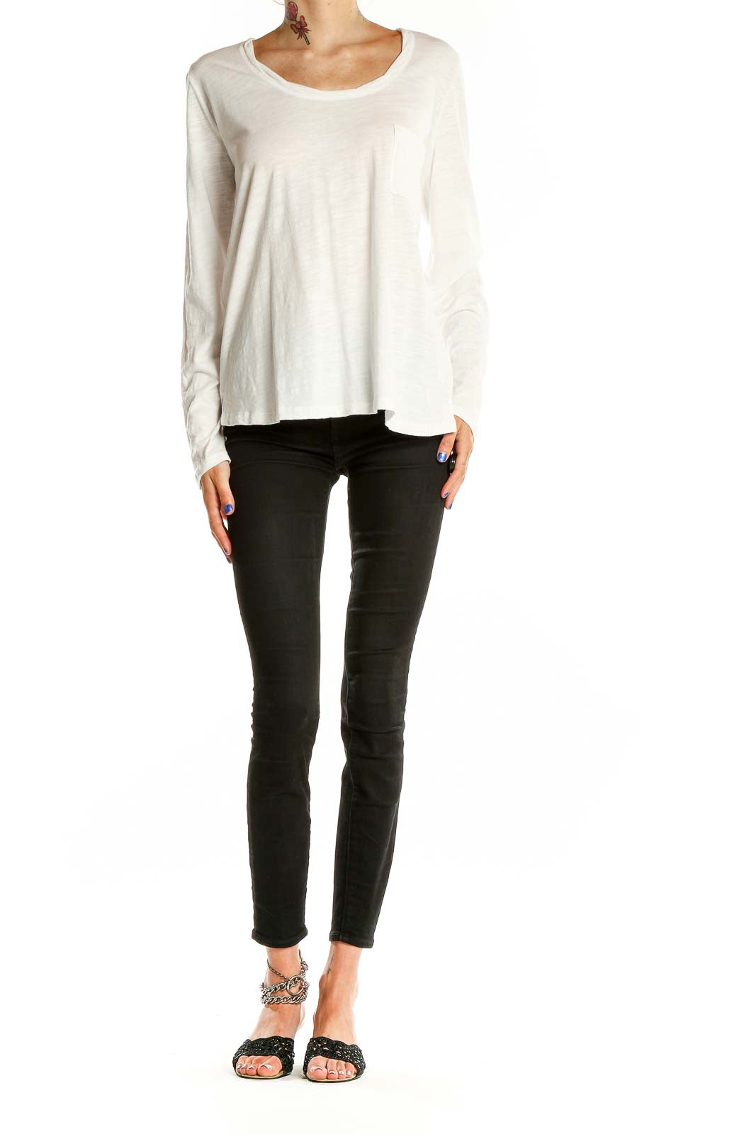 Front view of white long sleeve scoop neck top by Social Standard by Sanctuary