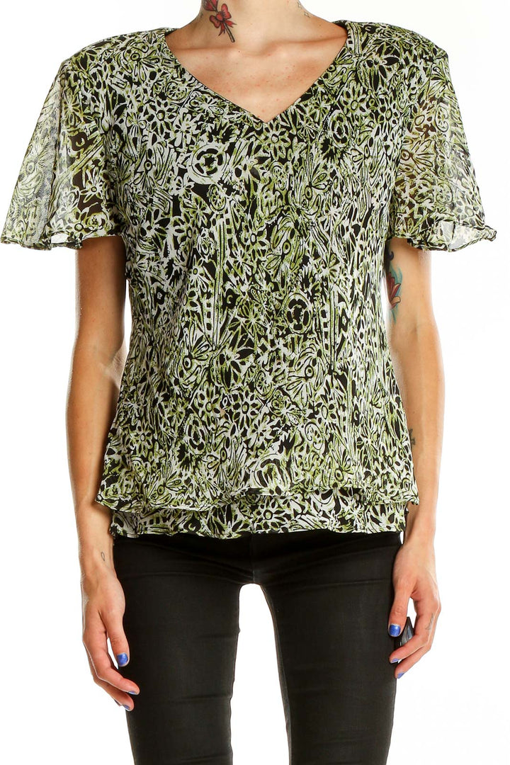 Front view of R&K Originals green floral print top with flutter sleeves