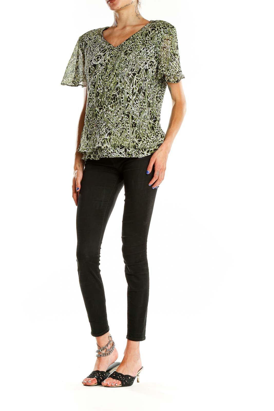 Front view of R&K Originals green floral print top with flutter sleeves