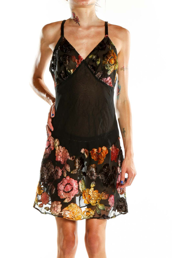 Black Vintage Velvet Floral Print Slip Dress