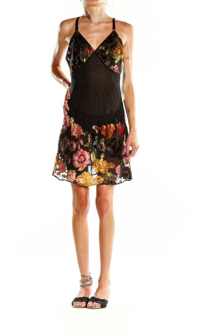 Black Vintage Velvet Floral Print Slip Dress