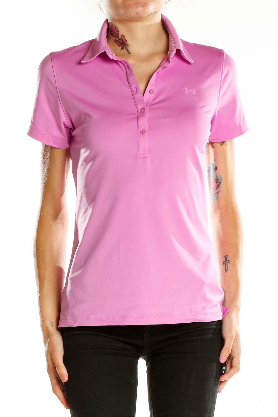 Front view of pink Under Armour performance polo shirt