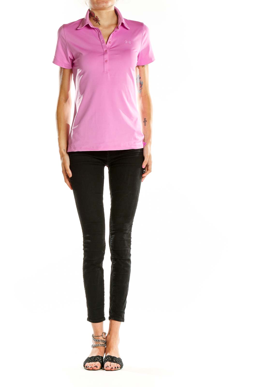 Front view of pink Under Armour performance polo shirt