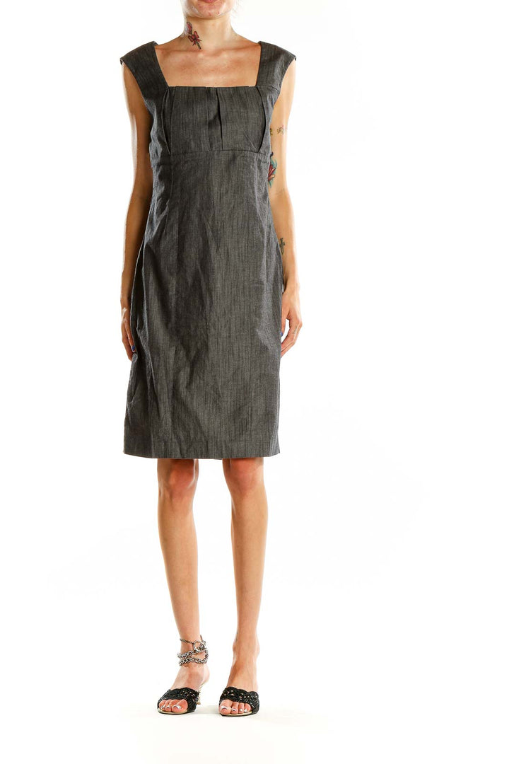 Front view of charcoal Calvin Klein sheath dress with square neckline