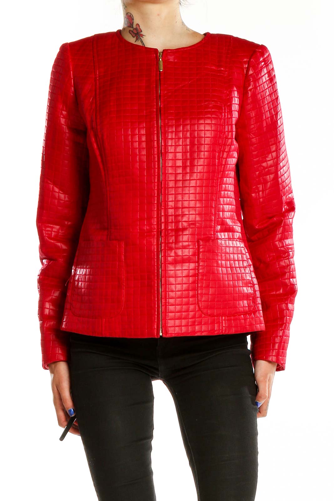 Front view of red quilted zip-up jacket by Valerie Stevens