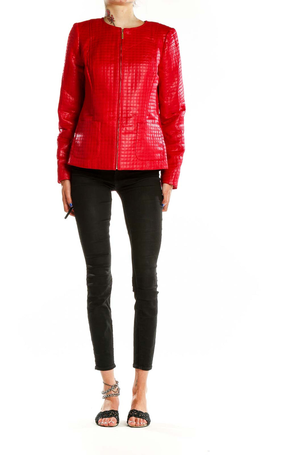 Front view of red quilted zip-up jacket by Valerie Stevens