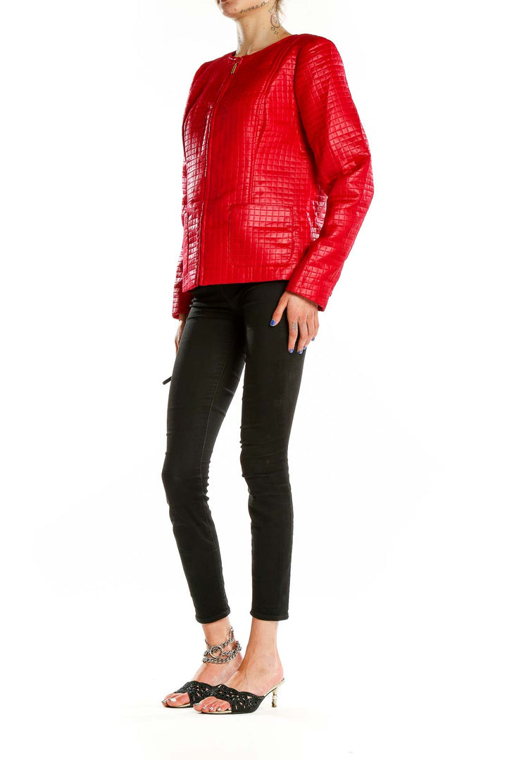 Front view of red quilted zip-up jacket by Valerie Stevens