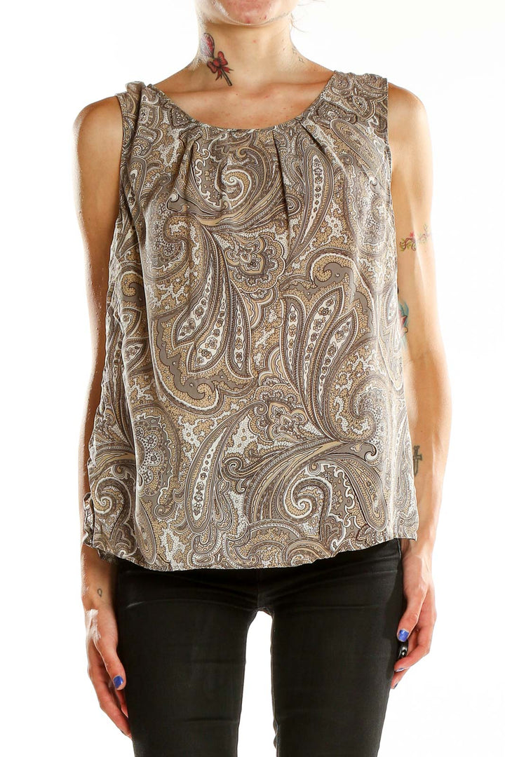 Front view of Talbots taupe paisley sleeveless blouse on model