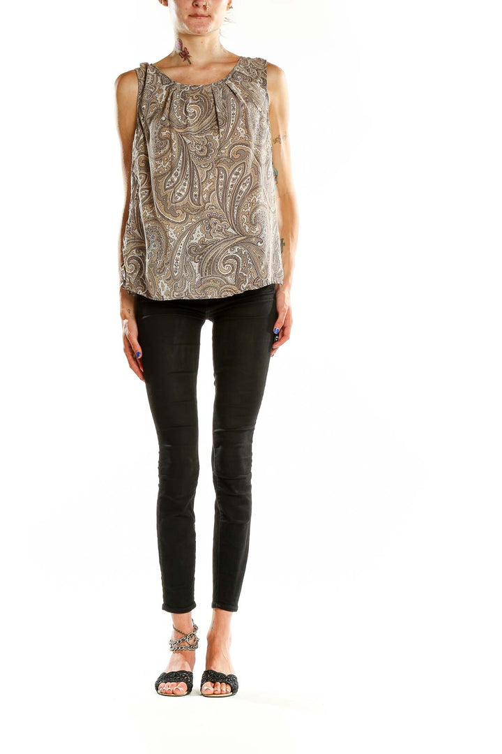 Front view of Talbots taupe paisley sleeveless blouse on model