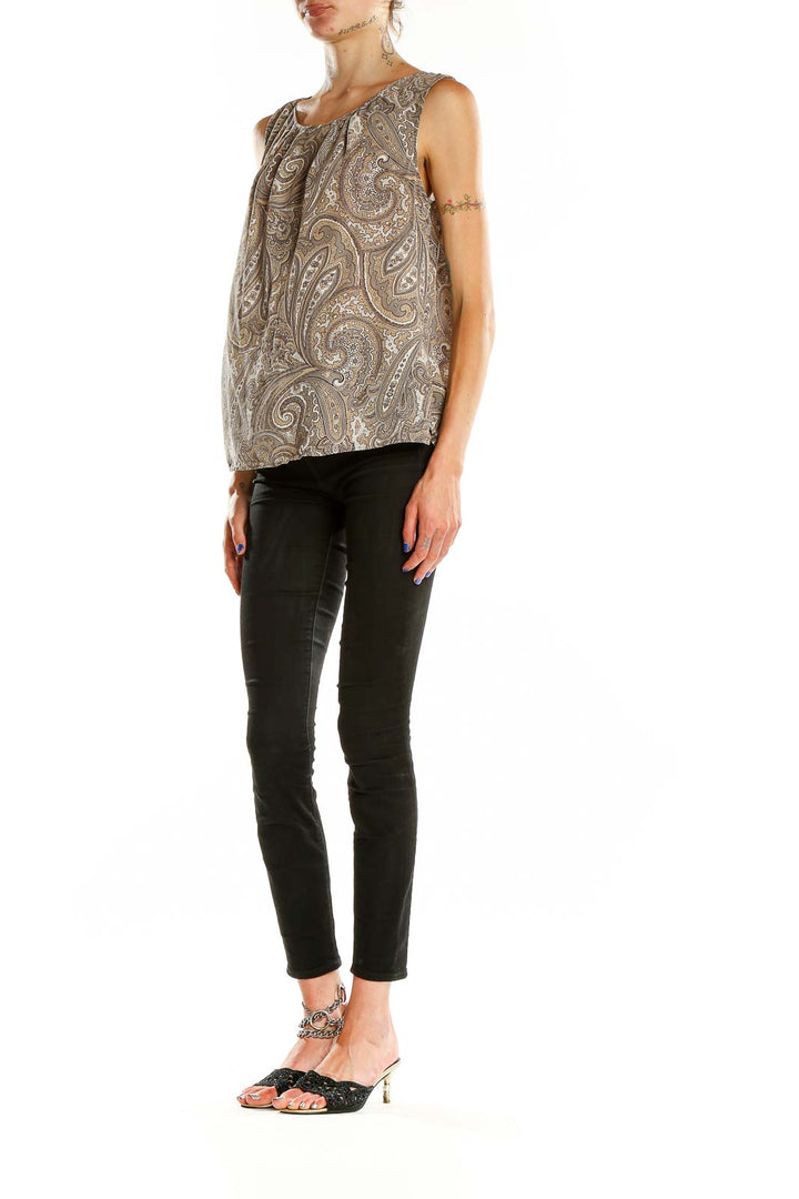 Front view of Talbots taupe paisley sleeveless blouse on model