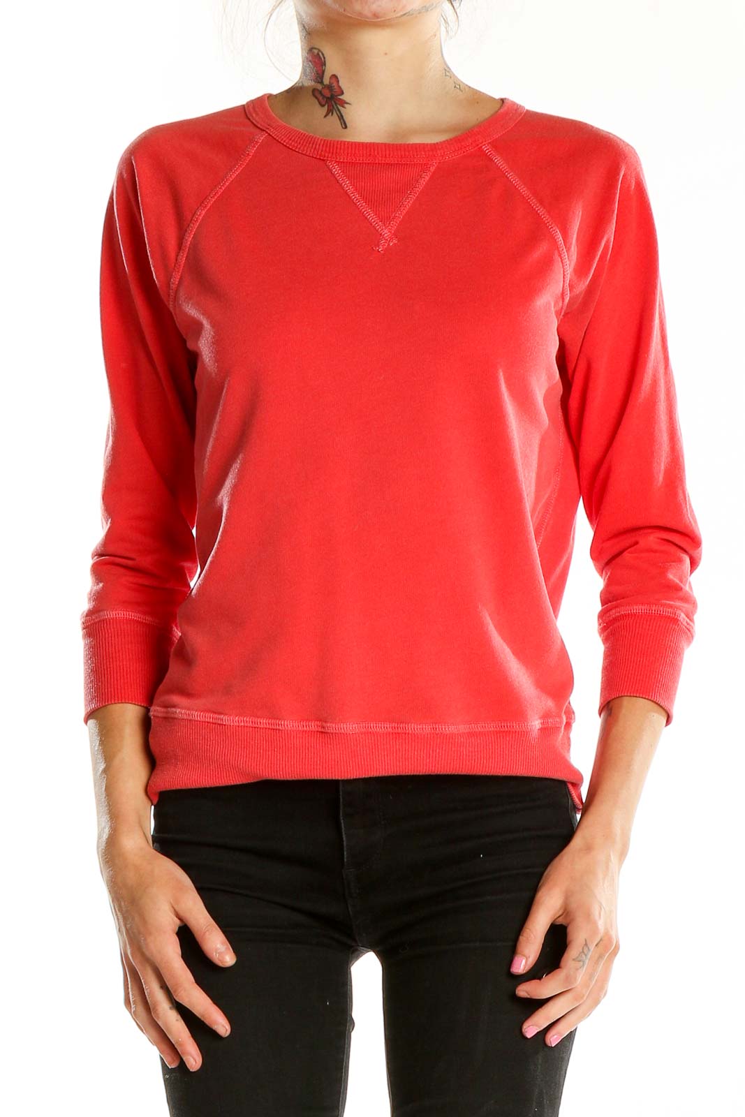 Front view of red J.Crew cotton crewneck sweatshirt on model