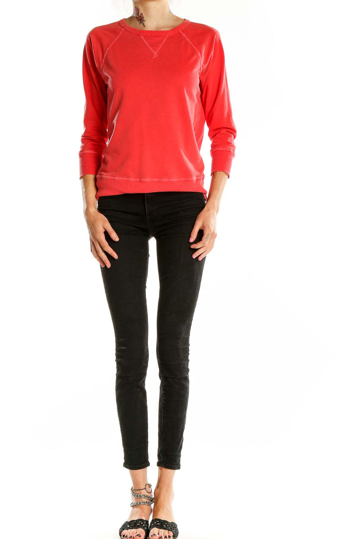 Front view of red J.Crew cotton crewneck sweatshirt on model