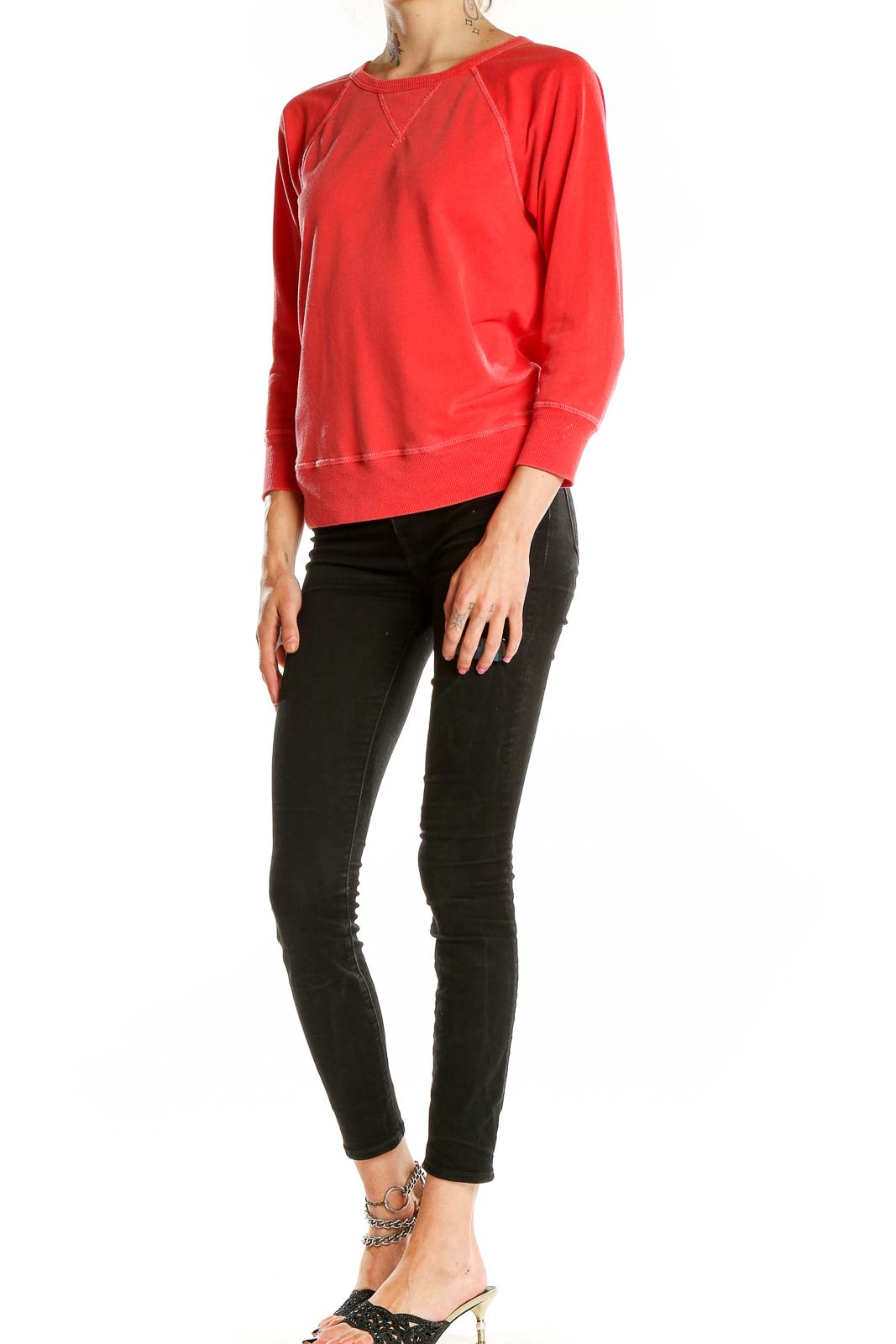 Front view of red J.Crew cotton crewneck sweatshirt on model