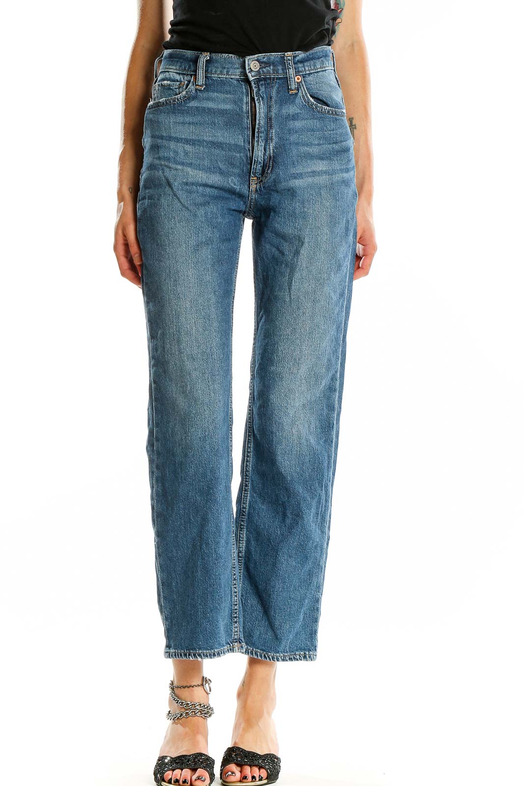 Front view of Gap straight-leg jeans in medium wash blue denim