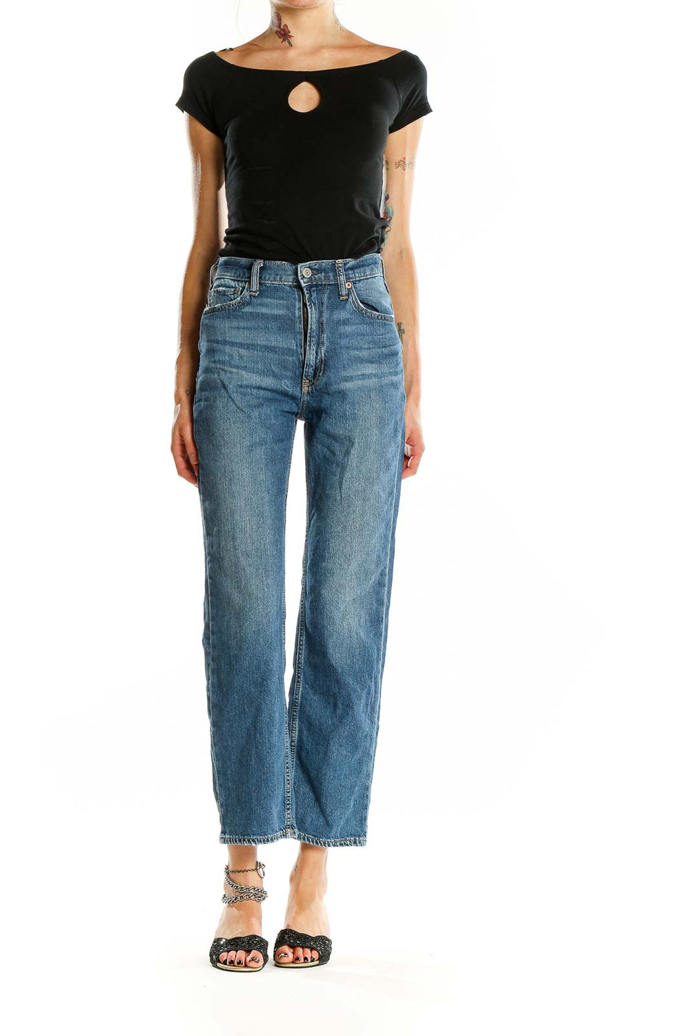 Front view of Gap straight-leg jeans in medium wash blue denim