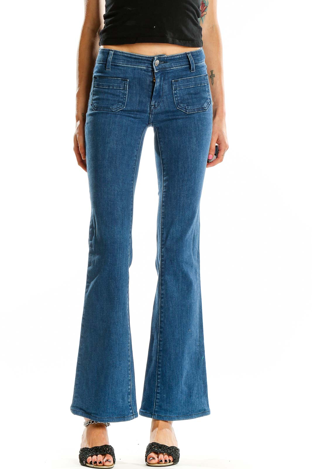 Front view of Seafarer blue flared denim jeans on model