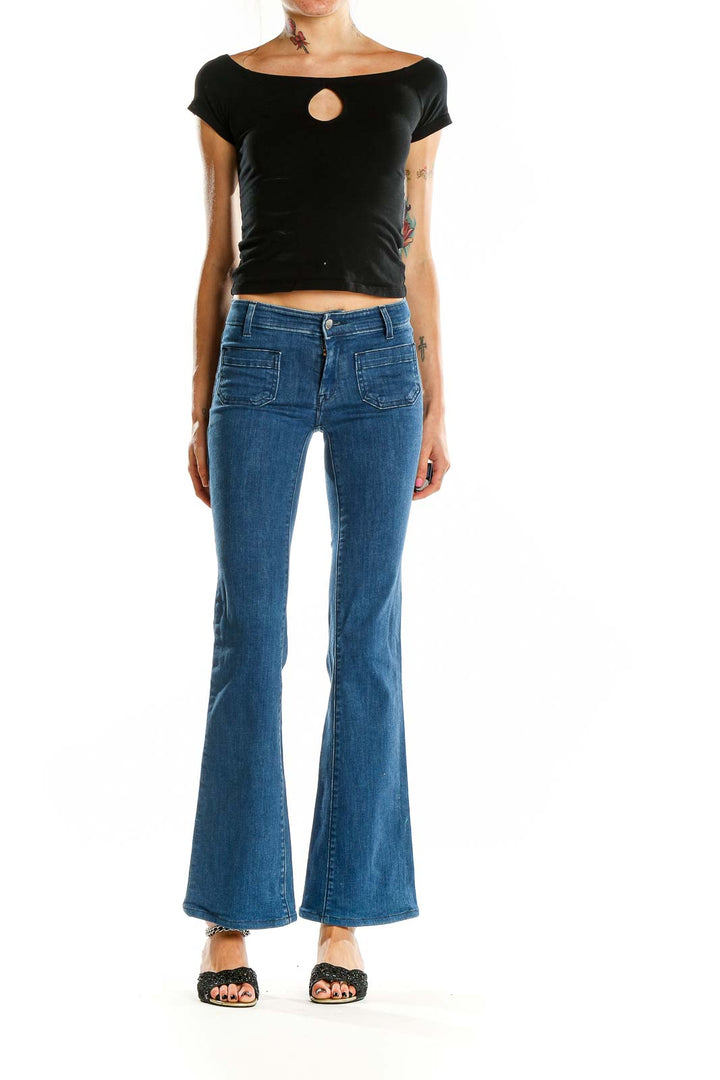 Front view of Seafarer blue flared denim jeans on model