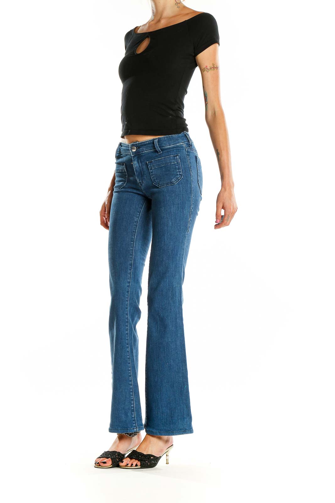 Front view of Seafarer blue flared denim jeans on model