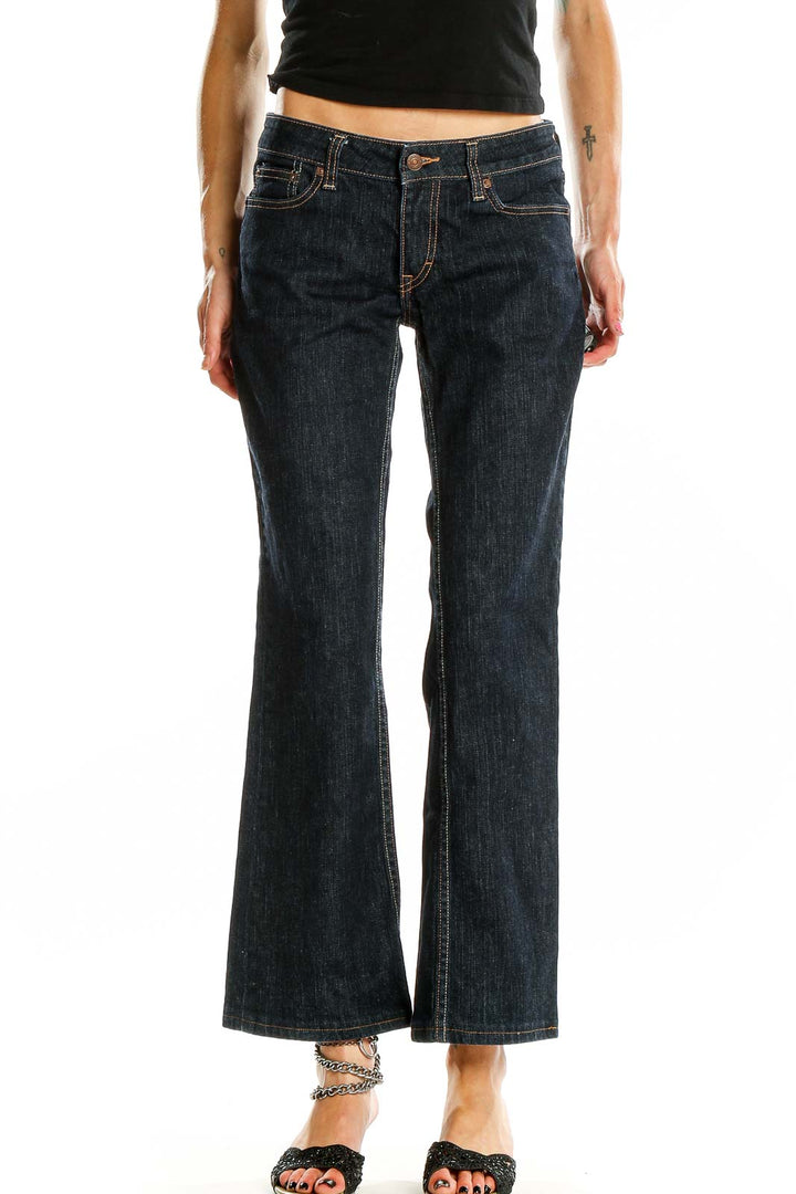 Front view of Banana Republic dark blue bootcut jeans on model