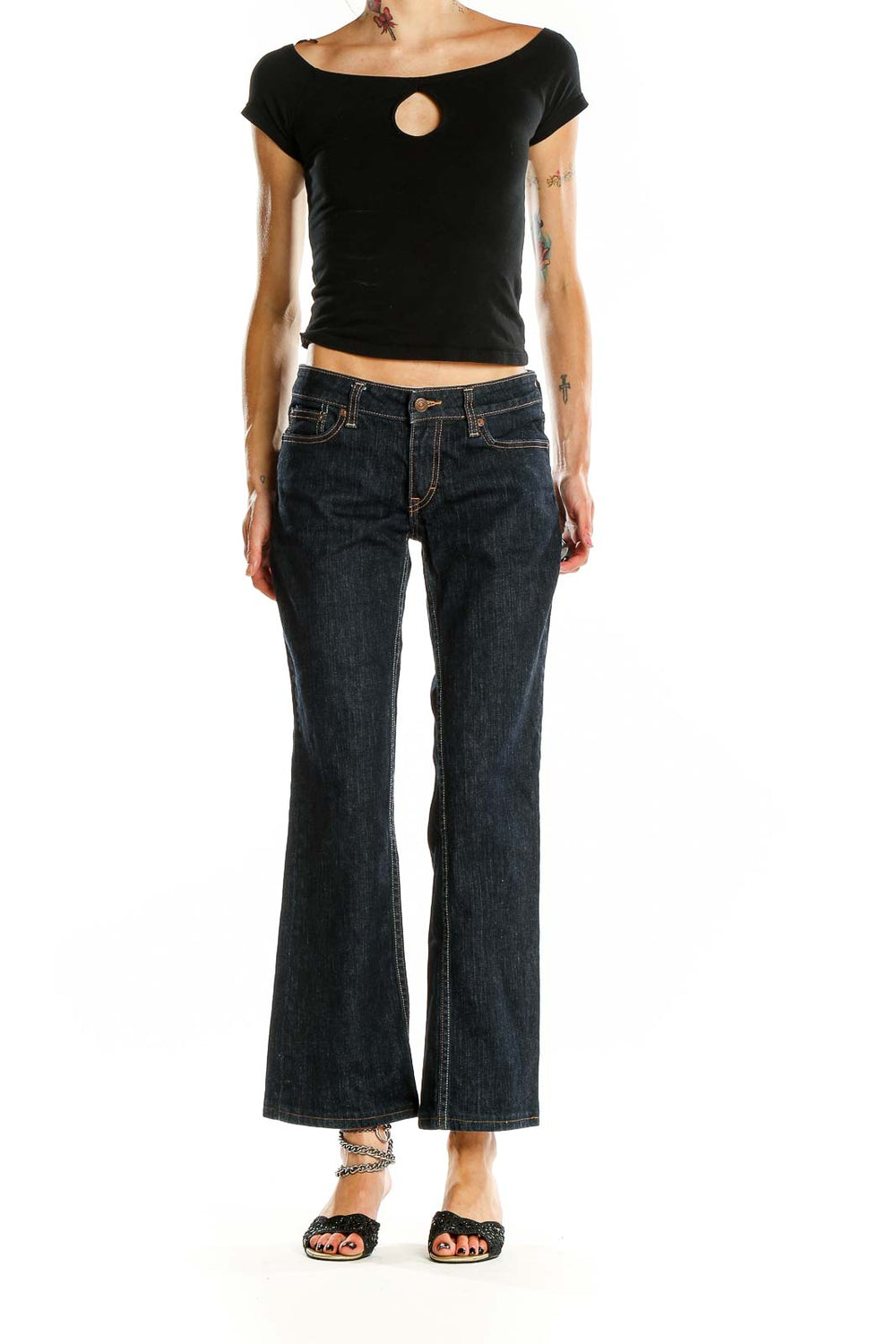 Front view of Banana Republic dark blue bootcut jeans on model