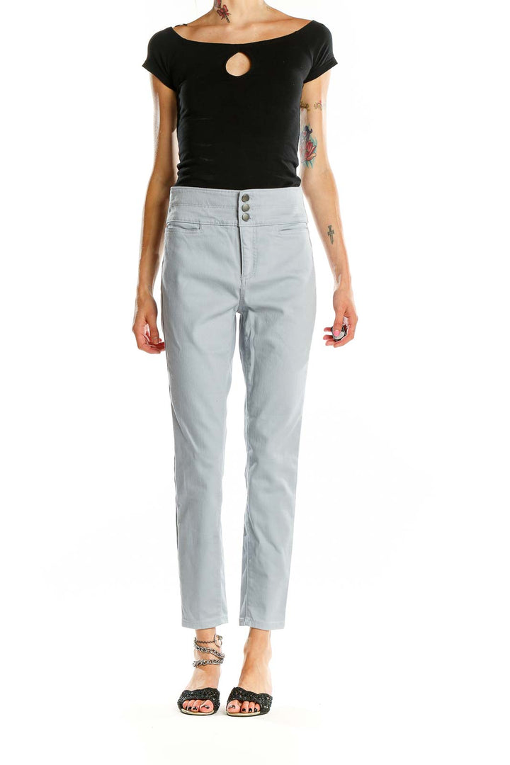 Front view of LOFT light blue high-waisted denim jeans