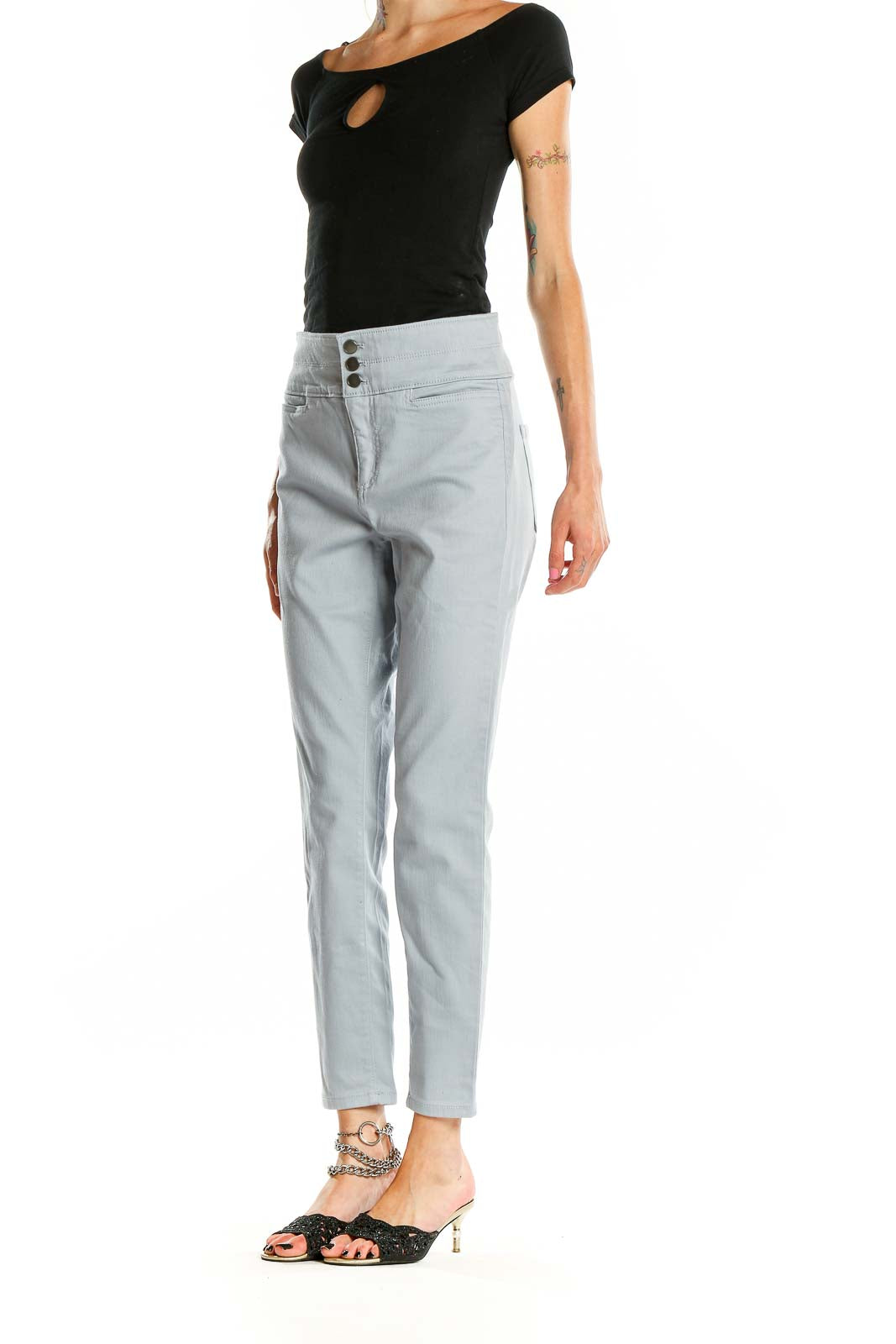 Front view of LOFT light blue high-waisted denim jeans