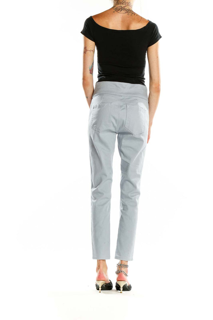 Back view of LOFT light blue high-waisted denim jeans