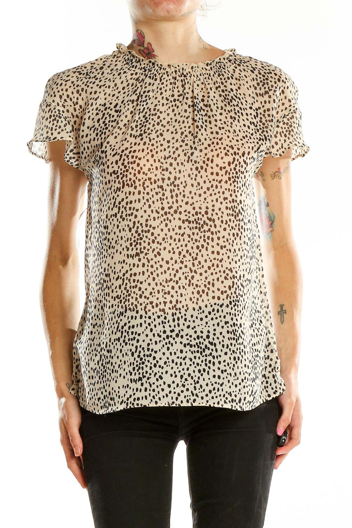 Front view of beige leopard print short sleeve blouse from Express