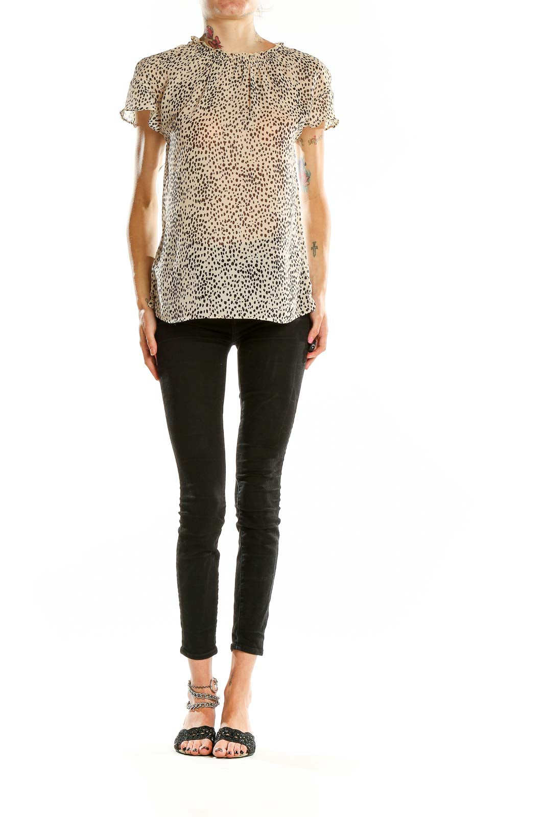 Front view of beige leopard print short sleeve blouse from Express