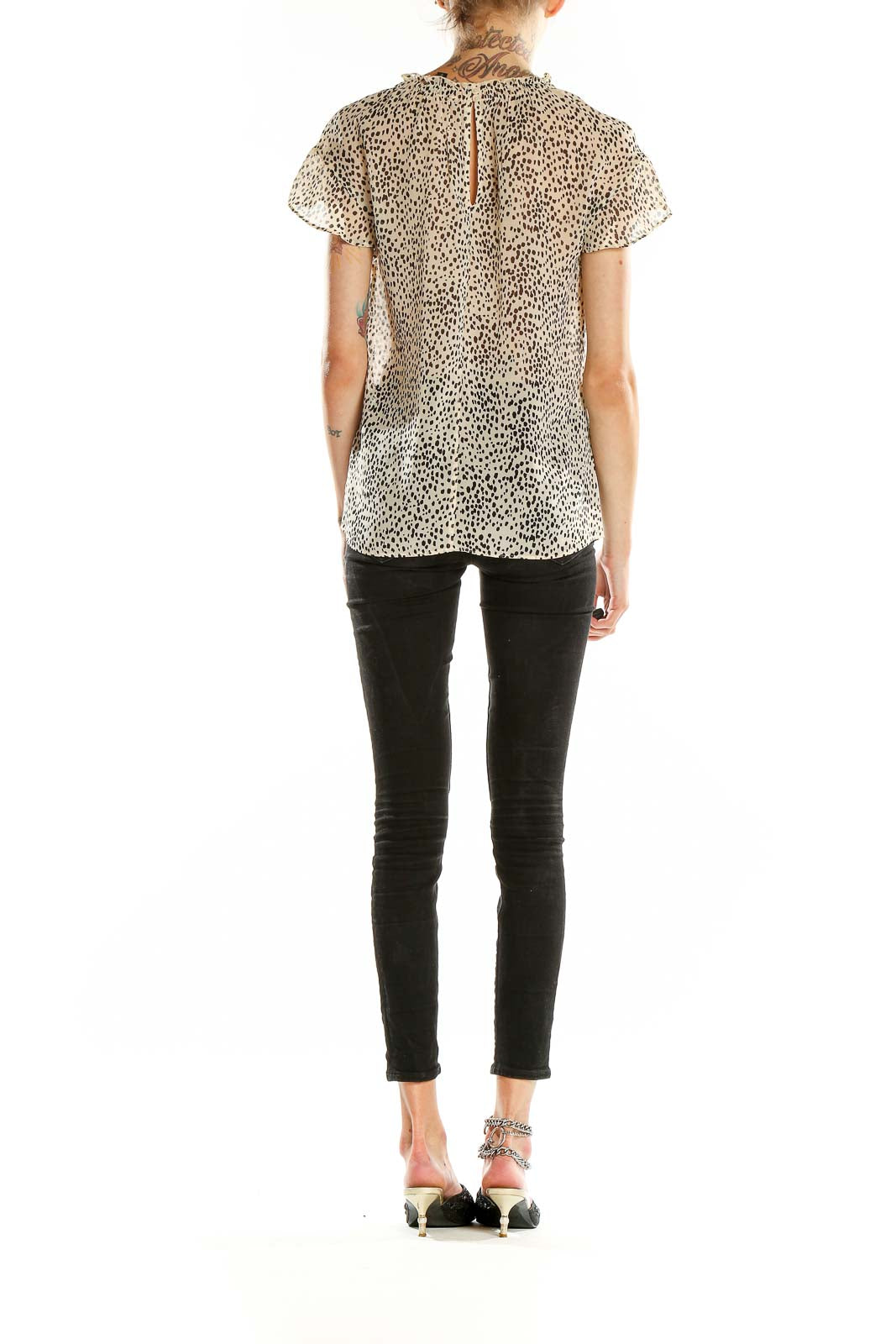 Back view of beige leopard print short sleeve blouse from Express