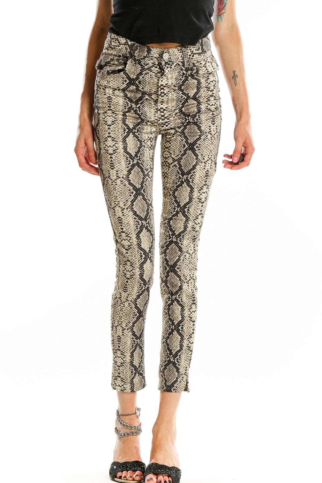 Front view of Zara beige snake print skinny pants