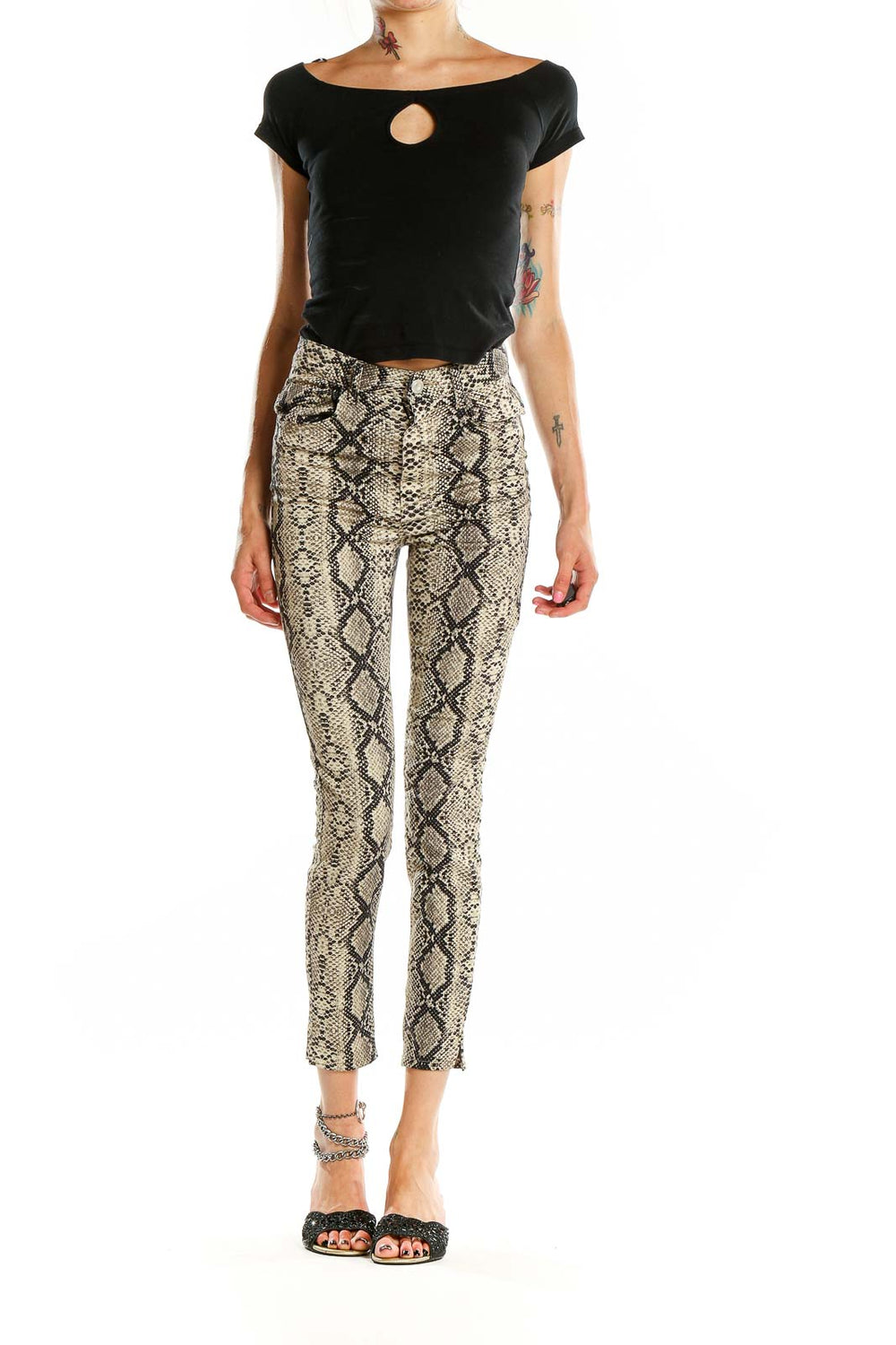 Front view of Zara beige snake print skinny pants