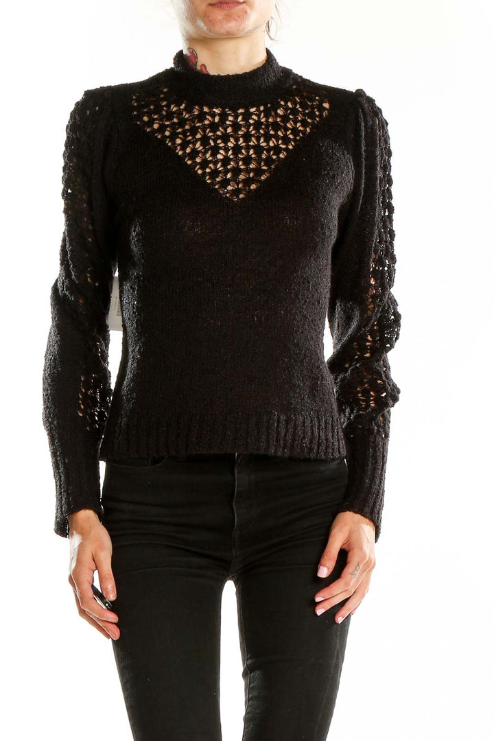 Front view of Saltwater Luxe black crochet knit mock neck sweater